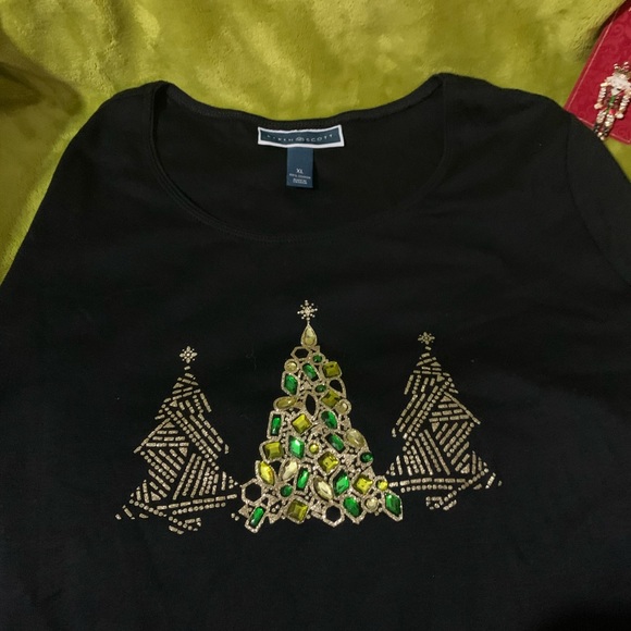 Karen Scott Tops - Karen Scott Womens Christmas Trees Glitter Long Sleeves T-Shirt with Jewels